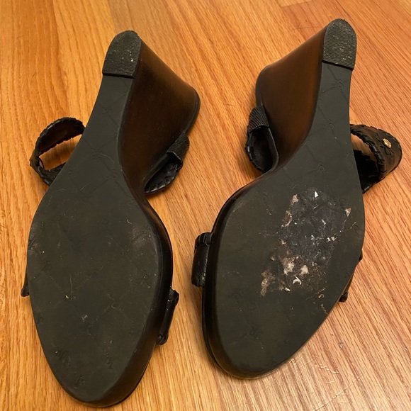 Jack Rogers black and gold wedges